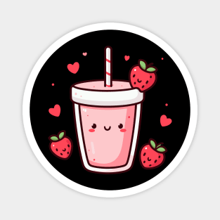 Cute Kawaii Strawberry Milkshake with Strawberries and Hearts | Kawaii Food Magnet